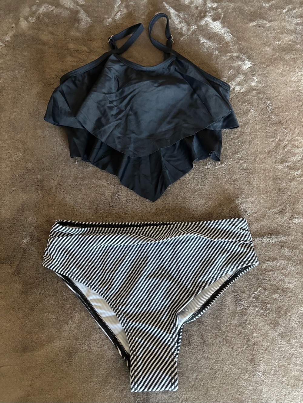 Black Ruffle High Neck Bikini Top with Black & White Striped Bottoms